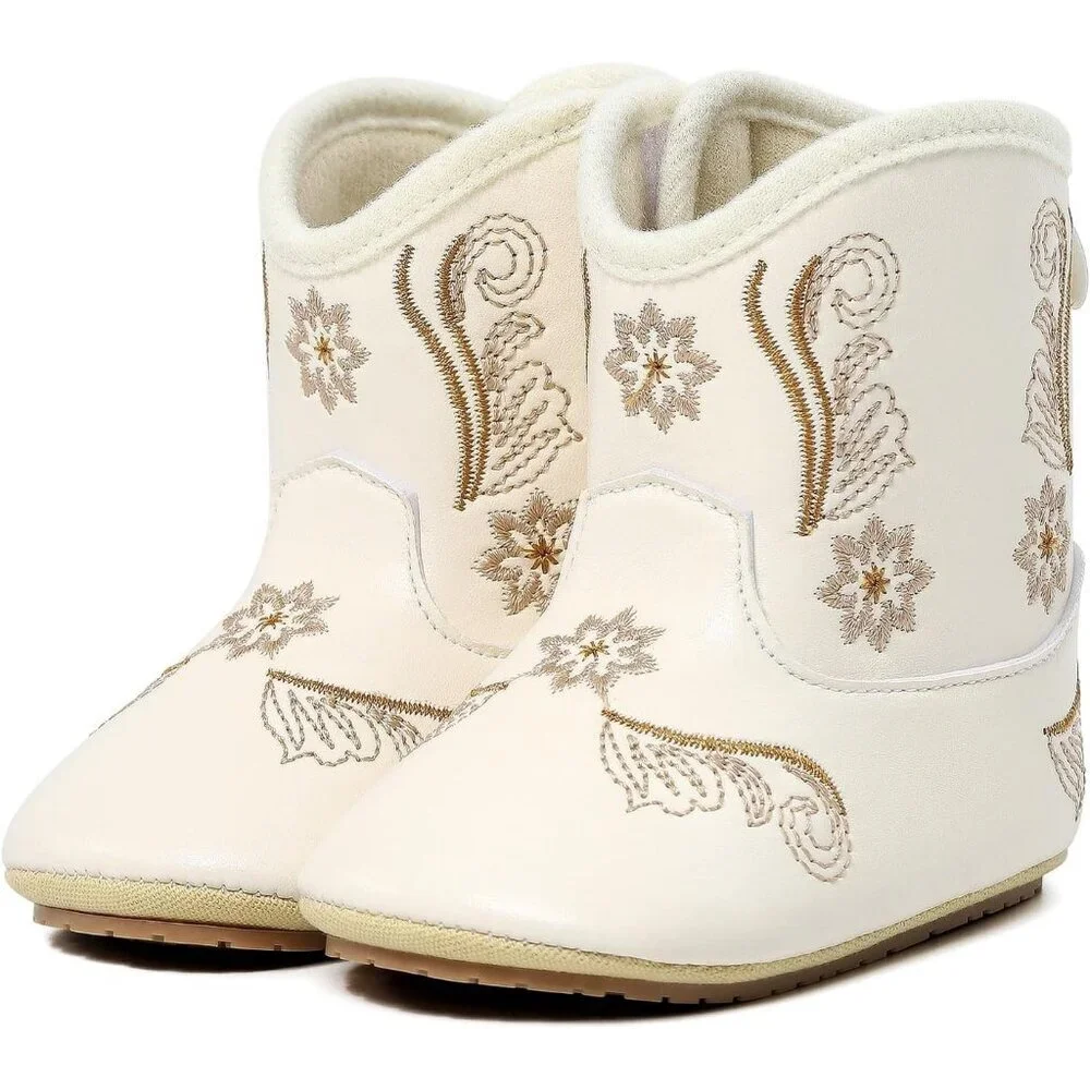 Infant Toddler White Embroidered Faux Leather Western Rubber Sole Tassel Booties